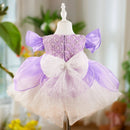 Lavender and white dress on a mannequin with a blurred indoor background, Obroi