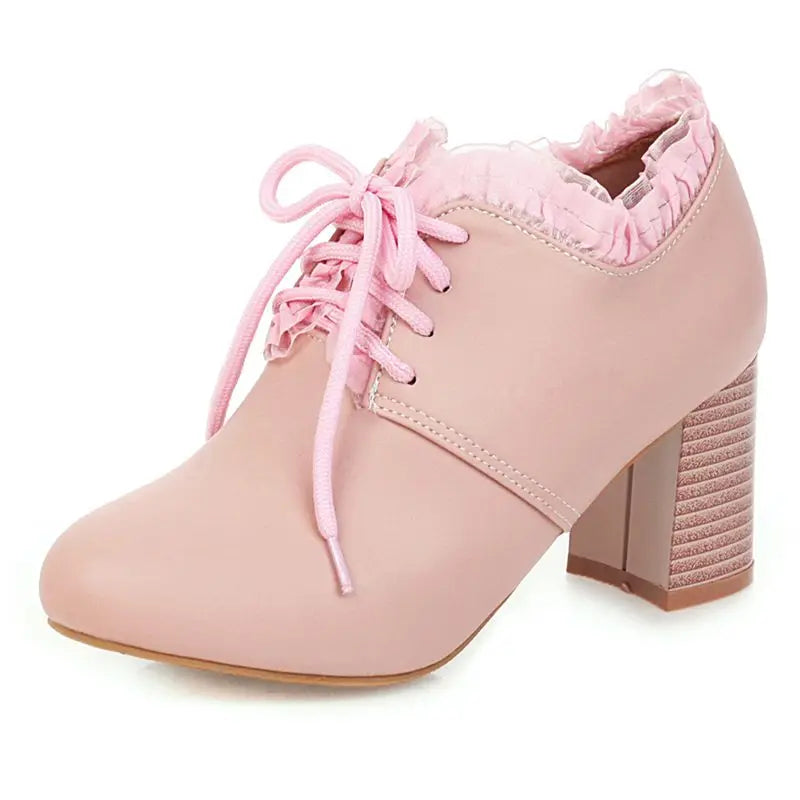 Female Pumps Round Toe Heels 7cm Lace Up Soft Women Shoes