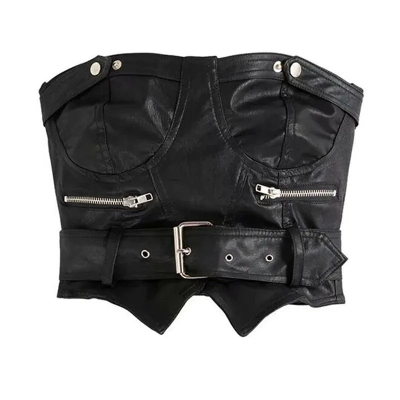 Summer Sexy Corset Belt Black Leather Tank Top Strapless Backless Cropped Women Sashes Buckles Skinny Short Top