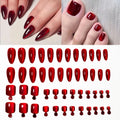 A set of glossy red press-on nails shown both applied to fingernails and toes, with rows of the individual nail shapes and sizes below on a white background, Obroi