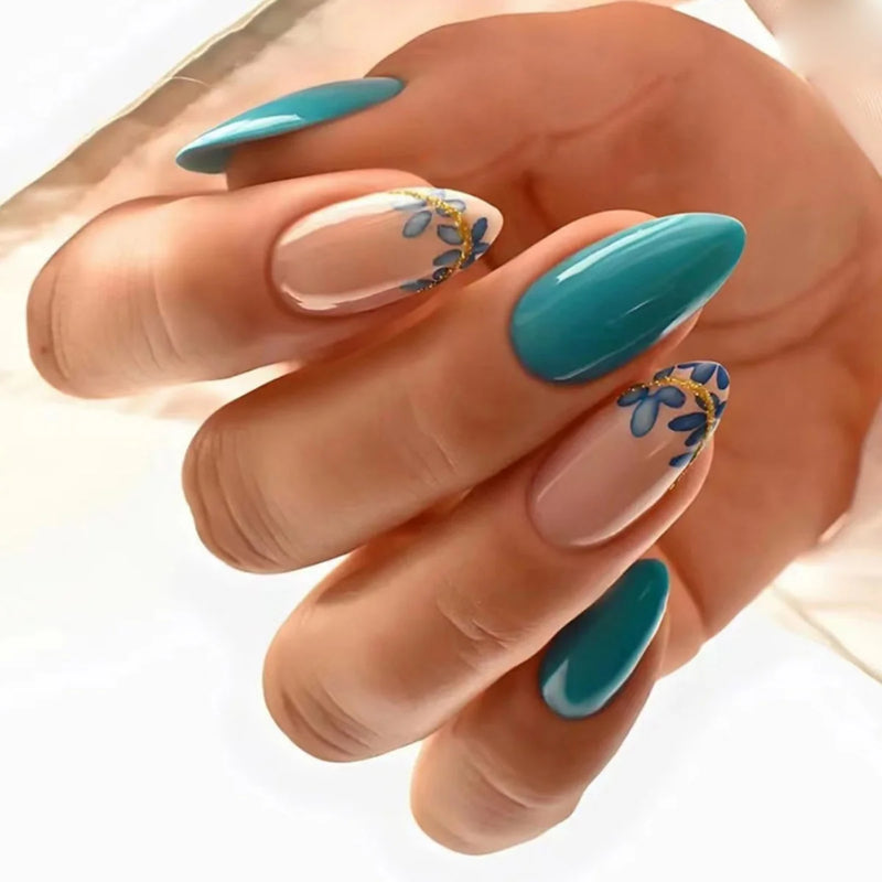 Round Head Press on Nails Green Almond Glitter Design False Nails Wearable Fake Nails Sets