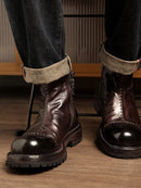 Round Toe Handmade Ankle Boot Retro Genuine Leather Platform Zipper Male Mid Heel Boots