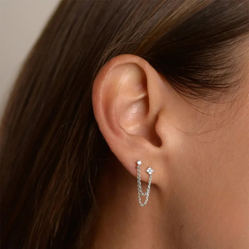 Drop Earring For Women Girls Double Studs Chain Tassel Piercing Earrings Jewelry Gift