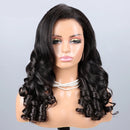 A long, wavy black wig displayed on a mannequin bust against a light gray background, with the Obroi brand logo in the top left corner.