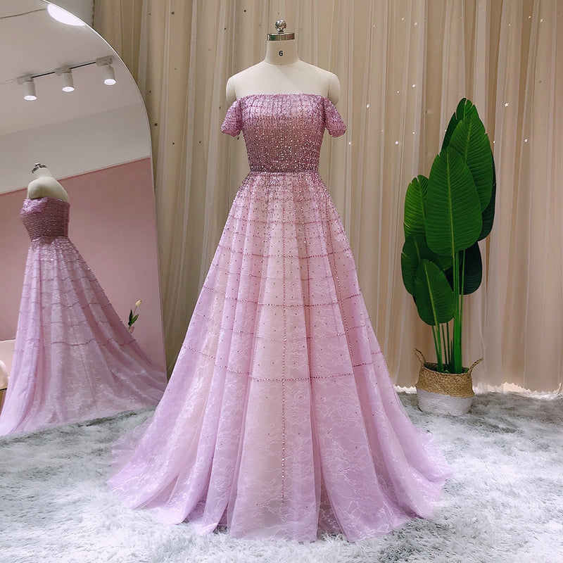 Luxury Dubai Mint Green Evening Dresses Elegant Off Shoulder Lilac Arabic Formal Dress for Women Wedding Party