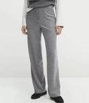 Women Grey Wool Blend Flannel Straight Pants Vintage Elastic High Waist Office Ladies Casual Trousers