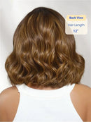 Back view of a person with wavy brown hair, hair length 12 inches, on a white background, Obroi
