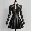 Leather Lace Patchwork Waist-Cinching Dress Autumn Winter Mini Dress