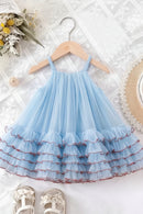 Princess Dress for Kids 1-8 Years Summer Sky Blue Cake Dress for Girls Formal Dresses