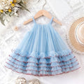 Princess Dress for Kids 1-8 Years Summer Sky Blue Cake Dress for Girls Formal Dresses