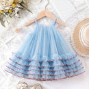 Princess Dress for Kids 1-8 Years Summer Sky Blue Cake Dress for Girls Formal Dresses