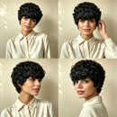 Four-panel collage showing a model wearing a short, curly black wig against a warm beige background. The model is also wearing a light cream button-up shirt in each panel, Obroi