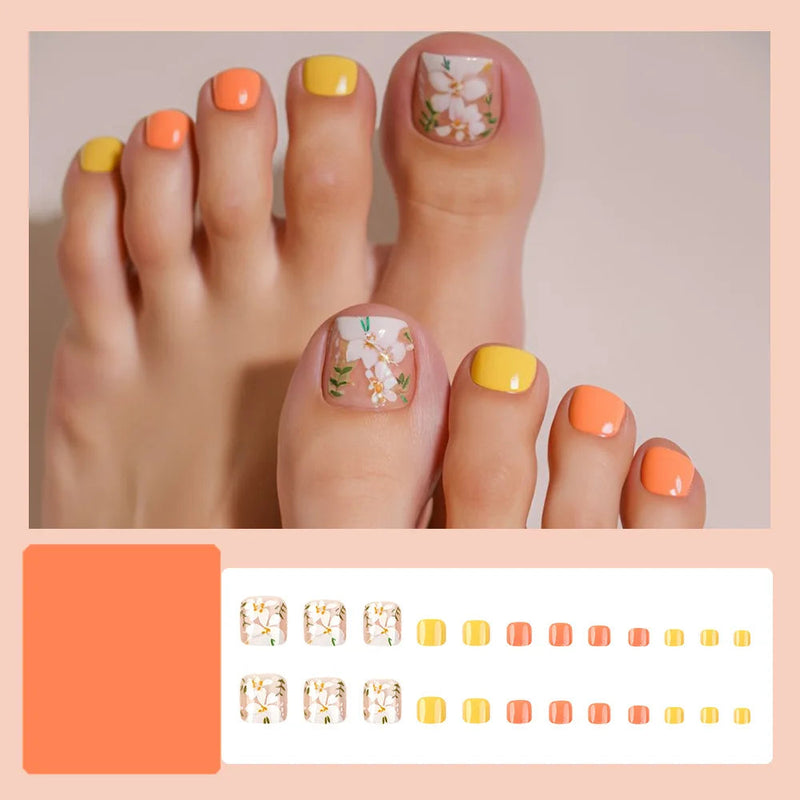 24pcs Summer Cute Fake Toe Nails Beach Coconut Tree Fruit False Toenail Tips for Women Press on Toenails