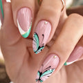 Nails with pink and green butterfly design on a blurred background, Obroi