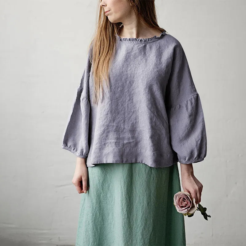 Retro Linen Women T-Shirt Casual Loose O-Neck Ruffles Long Sleeve Tees Spring Autumn Basic Tops Shirts