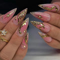24PCS Light Luxury Nails with Gold Plated Gold Wire Stripe Star Nails Punk Drip Press on Nails