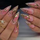 24PCS Light Luxury Nails with Gold Plated Gold Wire Stripe Star Nails Punk Drip Press on Nails