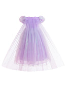 Elegant girl violet shiny tulle princess dress with puff sleeves