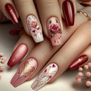 Nails with floral and heart designs in red, pink, and white on a neutral background, Obroi