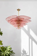 Pink floral chandelier with gold accents on a white background, Obroi