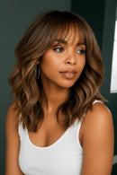 Chestnut Brown Layered Bangs Wavy Lace Front Wigs 30 Inch 250 Density Wave Human Hair Wig For Women