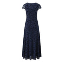 Women Floral Mesh Midi Dress High Waist Short Sleeve Summer Dresses