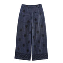 Women Embroidery Wide Leg Pants Patch Pockets Vintage Casual Female Trousers