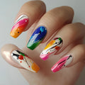 Colorful nail art on a hand with a neutral background, Obroi