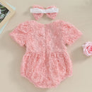 Summer Infant Baby Girls Bodysuit Rose Flower Short Sleeve Clothes Headband Cute Pink Clothes