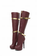 Maroon knee-high boots with gold buckles on a white background, Obroi