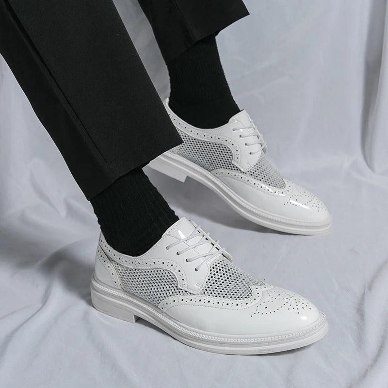 Men Oxfords Shoes Genuine Leather Shoes Patent Leather Formal Breathable Dress Shoes Hollow Mesh Out Flats