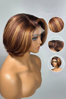 A short bob wig with layered brown and warm blonde highlights, shown on a mannequin head against a light gray background, with three circular inset close-ups highlighting the hair texture, part line, and overall style, Obroi