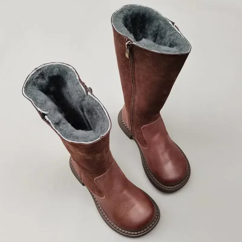 Winter Boots Wide Toe Women's Shoes Natural Wool Genuine Leather Long Noses Knight Boots