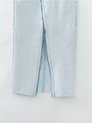 Women Light Blue Front Slit Denim Skirt Vintage High Waist Unfinished Hem Female Midi Skirts