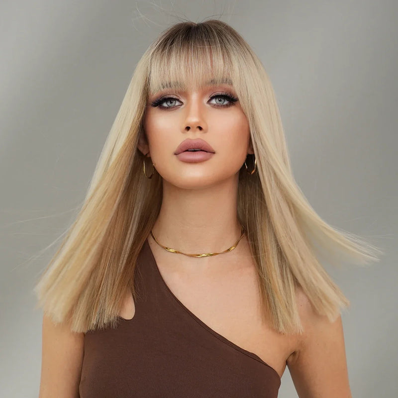 Shoulder Length Wig Straight Blonde Ombre Brown Wigs For Women Density Layered Wigs With Bang