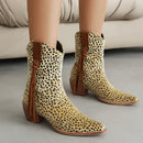Leopard Wood Grain Thick Heel Tassel Thin Strap Slip-On Plush Lining Boots