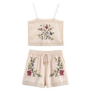 Summer Women Elastic Waist With Drawstrings Floral Embroidery Casual Shorts