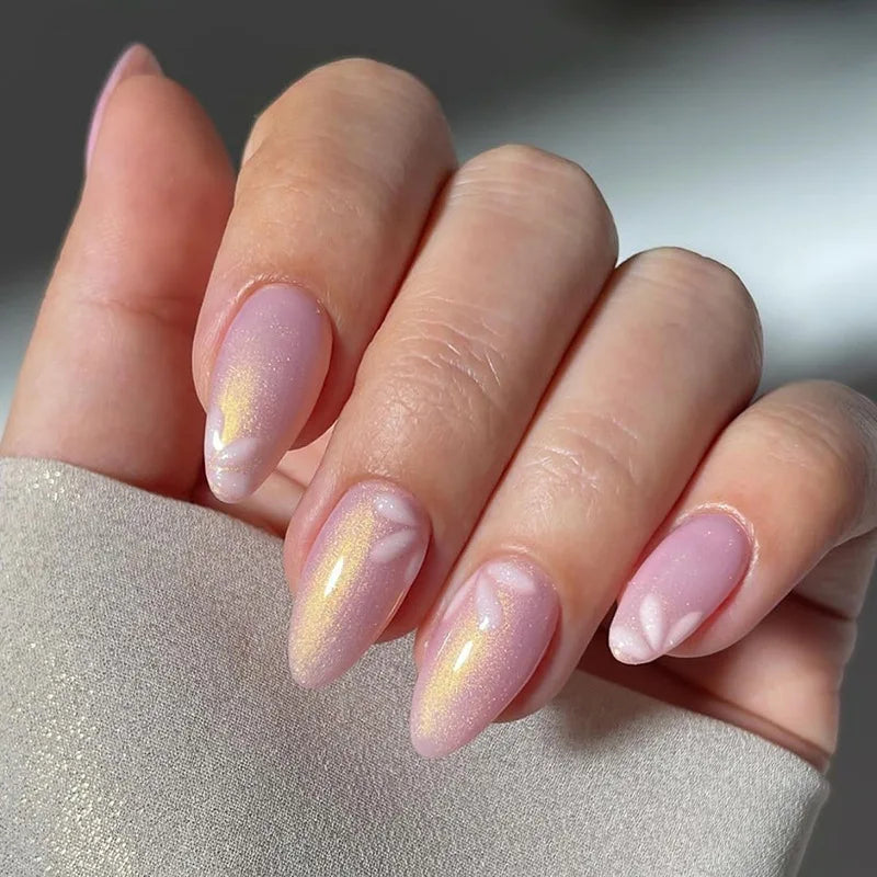 24pcs Cat Eye Press on Nails Finished Flower Design Full Cover Almond False Nail