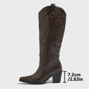 Comfort Leather Knee-High Boots Spring Autumn Pointed Thick Heel Sewing Side Zipper Boots Women