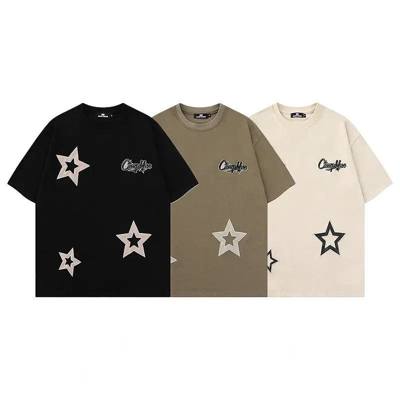 American Retro Star Embroidered Short Sleeved T Shirts Men and Women Loose Cotton Tees for Summer