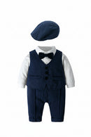 Navy blue baby suit with vest, bow tie, and beret on a white background, Obroi