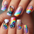 Colorful butterfly and rainbow-themed nail art on a hand, Obroi