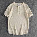 Summer American Retro Waffle Henry Collar T-shirt Men's Simple Washed Short Sleeve Casual Loose Sport Tops