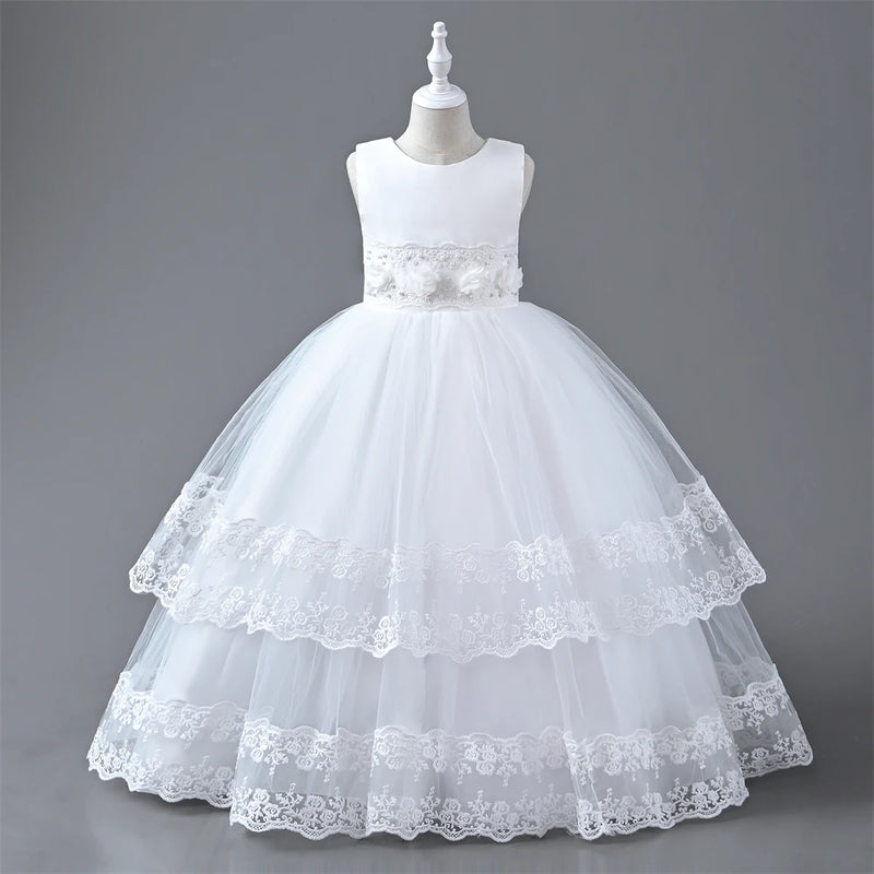 Children's Dress Girls Waistband Pearls Design Layers Princess Lace Kid Costume For Wedding Party