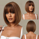 Light Brown Short Straight Bob Wig Ombre Middle Length Wigs with Bangs Natural