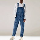 Men's Solid Denim Bib Overalls Casual Denim Jumpsuit Male Suspender Long Pants