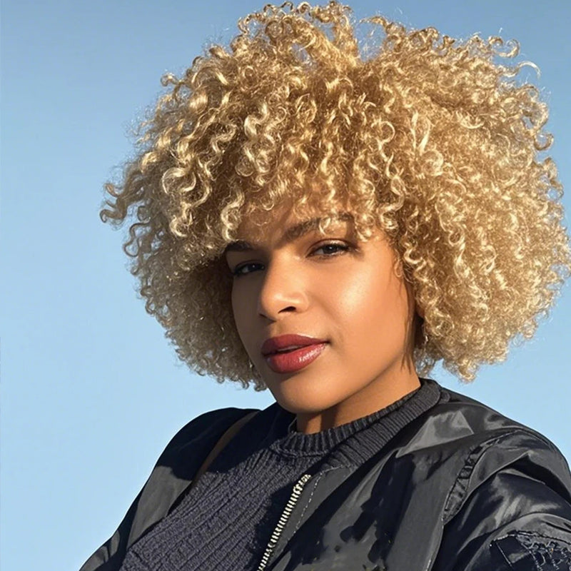 Curly Human Hair Honey Blonde Water Wave Short Pixie Cut Glueless Made Wig