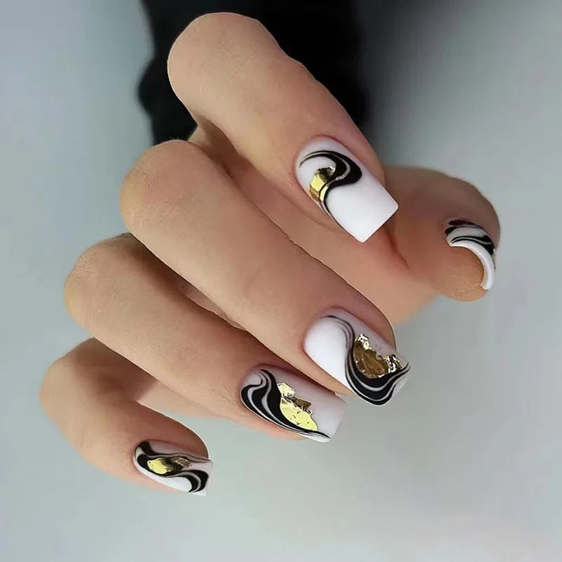 Black Glitter Full Cover Fake Nails Mid-length Square False Nails Wearable Ballet Press on Nails