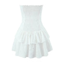 Women Hollow Out Embroidery Strapless Dresses Front Buckle Fit And Flare Party Mini Dresses