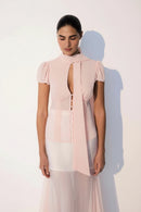 Pink Slim Women's Shirt Summer Lace-Up Neck Single Breasted Shirts Casual Pleated Shirts Female